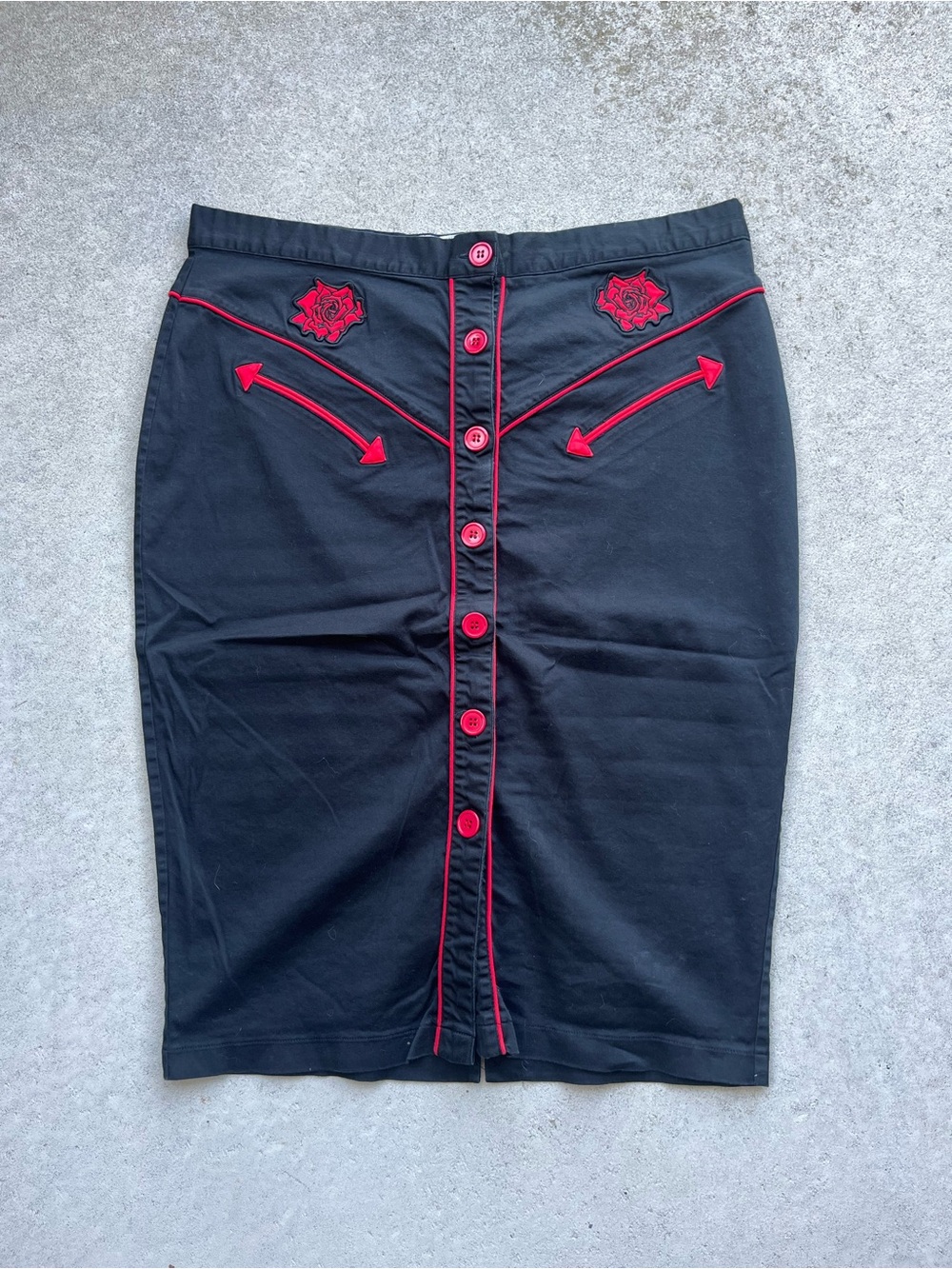 Hell Bunny Black Pencil Skirt with Red Trim & Button Front
